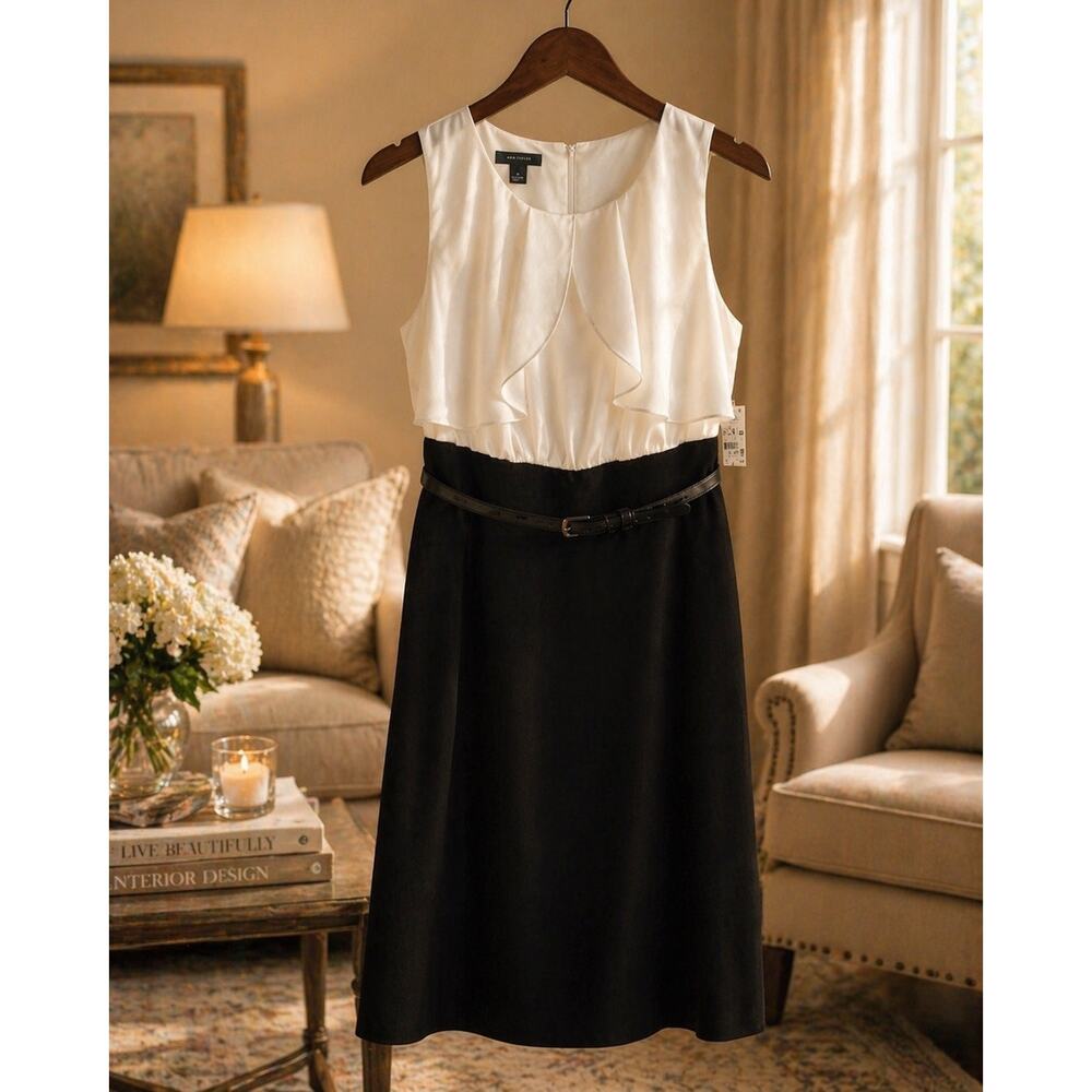 Alfani Black Cream Colorblock Belted Dress Size 6 Sleeveless Sheath NWT Office